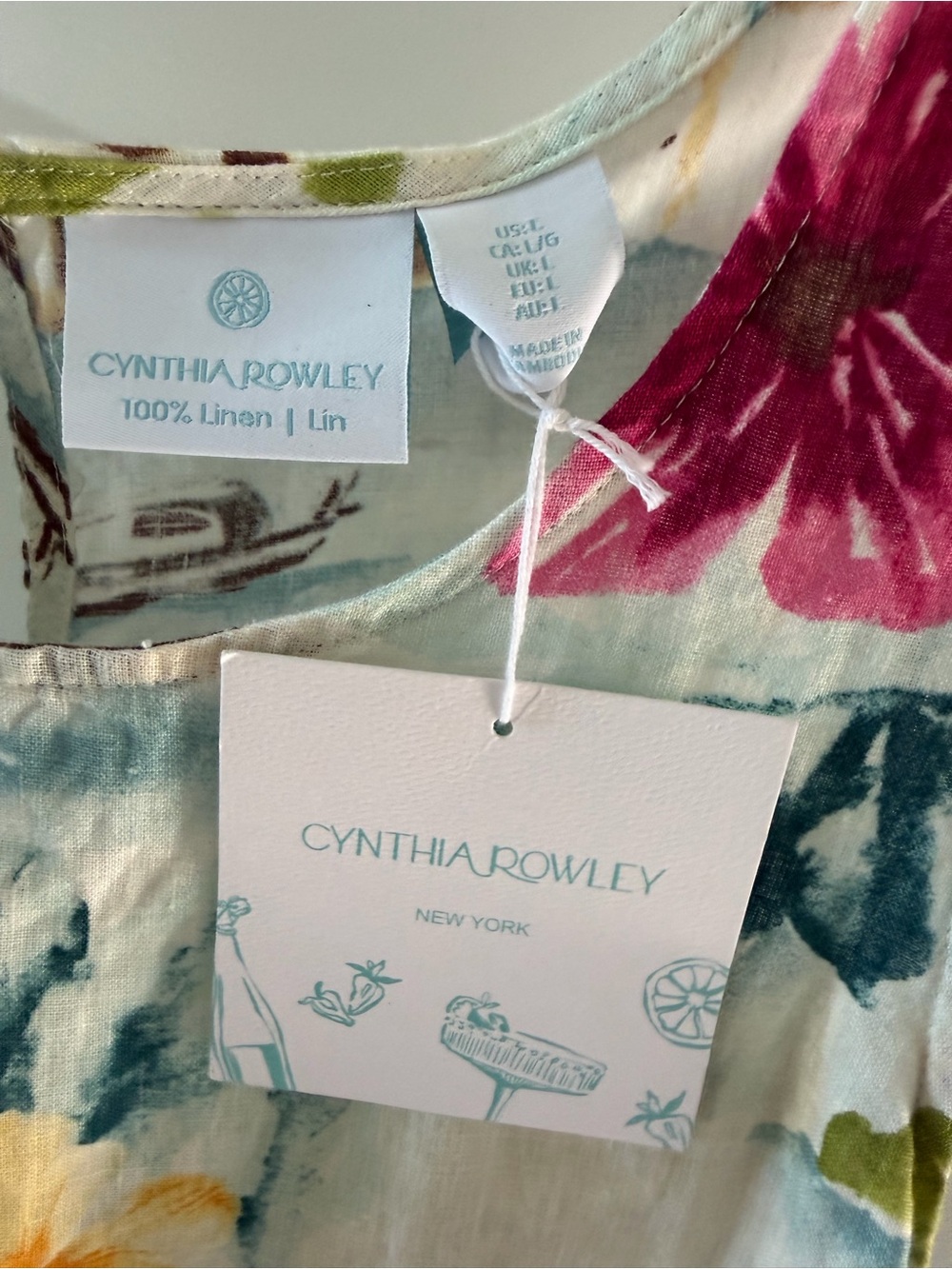 Cynthia Rowley Coastal Floral Linen Shift Dress Pockets Fuschia, Blue & Green - Picture 4 of 4